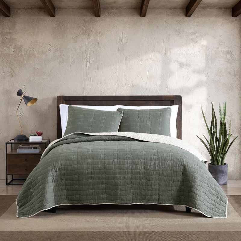 Olive Green Cotton Reversible Full Quilt Set