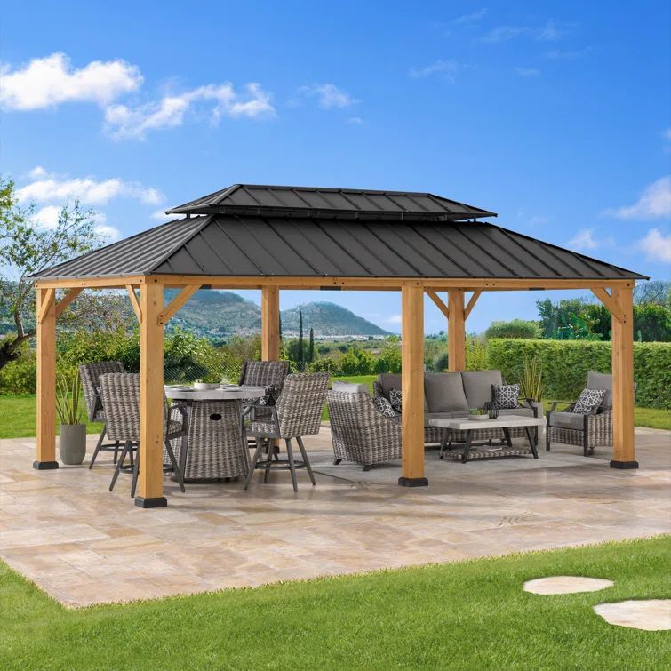 Sunjoy 12x20 ft Cedar Wood Gazebo with Steel Roof