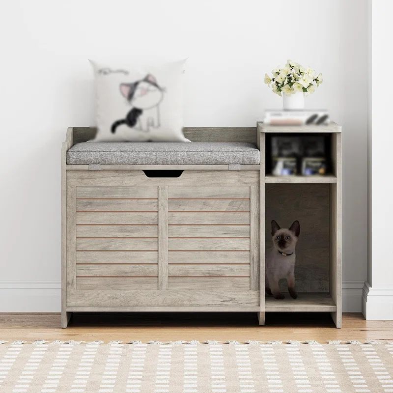 Gray Wood Cat Litter Box Enclosure with Cushion Top