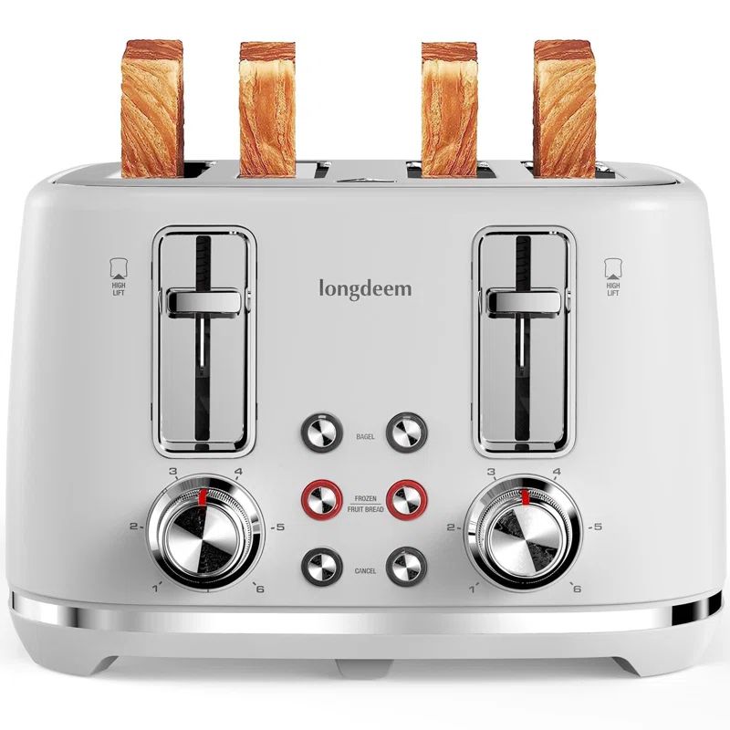 White Stainless Steel 4-Slice Toaster with Wide Slots and Crumb Tray