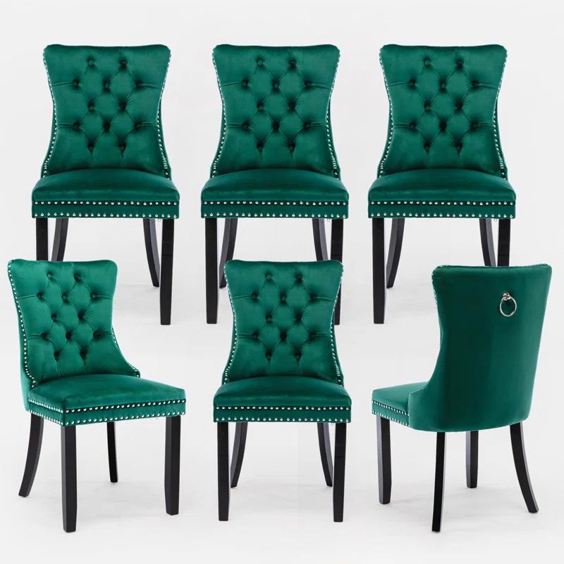 Green Velvet Upholstered Dining Chairs with Nailhead Trim and Wood Legs, Set of 6