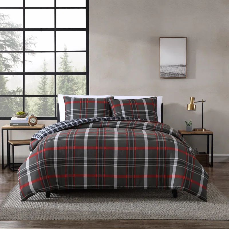 Willow Plaid Reversible Gray and Red Microfiber Queen Duvet Set