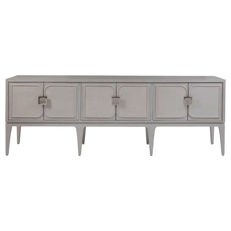 Transitional Misty Grey Quartered Oak Media Console with Raffia Panels
