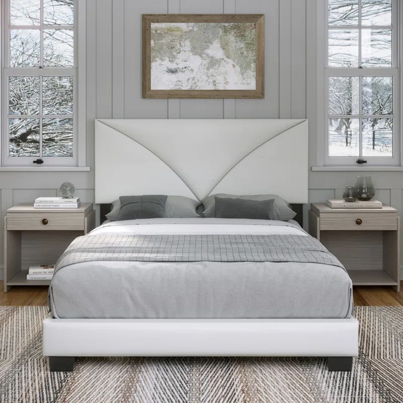 White Faux Leather Queen Upholstered Bed Frame with Headboard