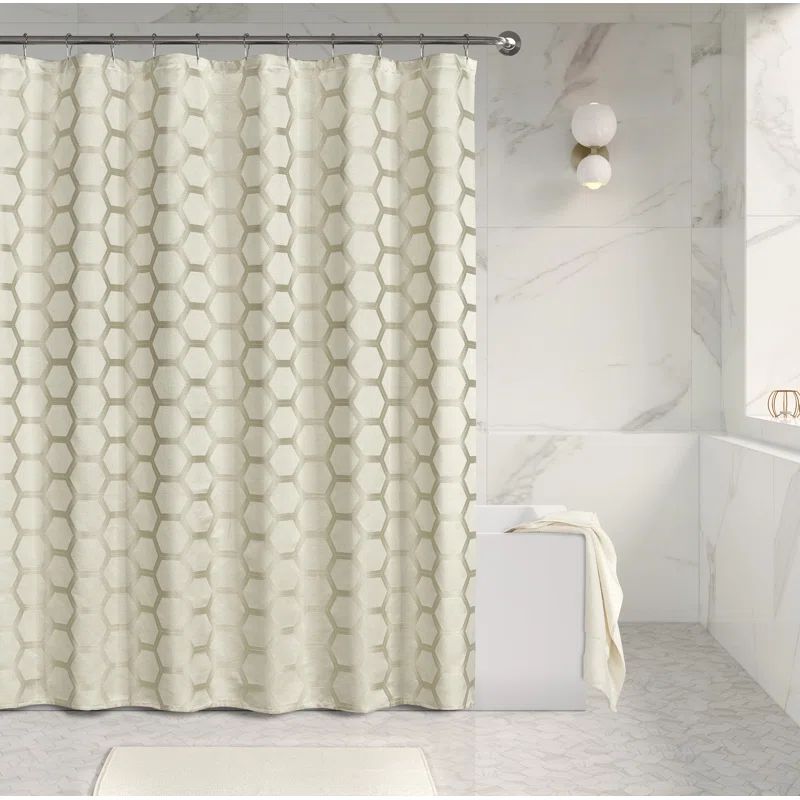 Navy Geometric Fabric Shower Curtain with Liner
