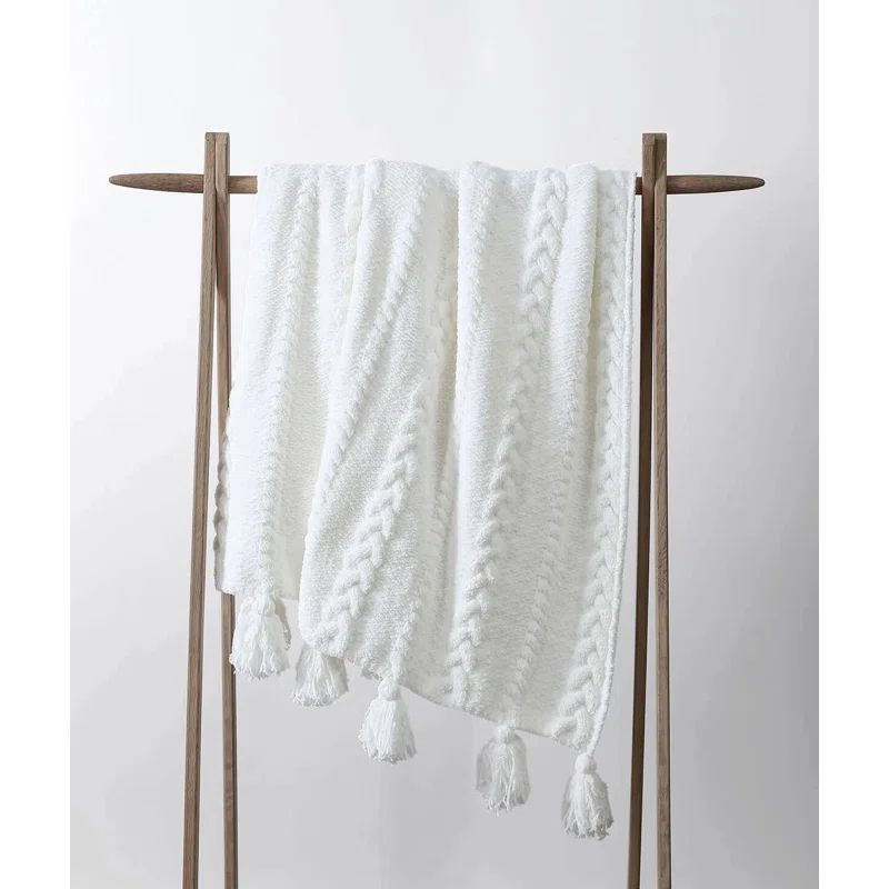 White Braided Tassel Knit Throw Blanket