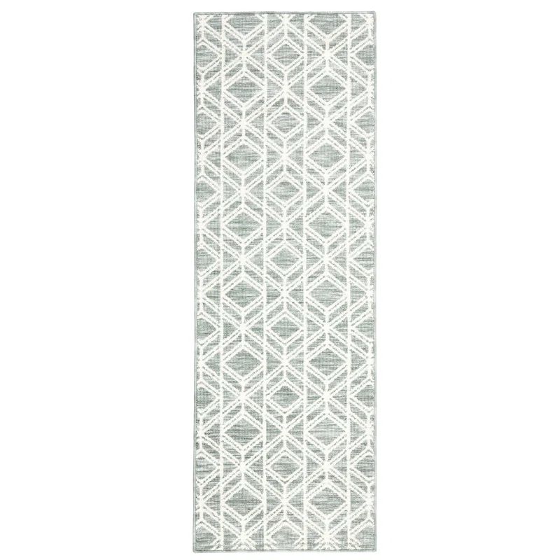 Sage Green Tufted Synthetic Runner Rug with Diamond Pattern, 24" x 72"