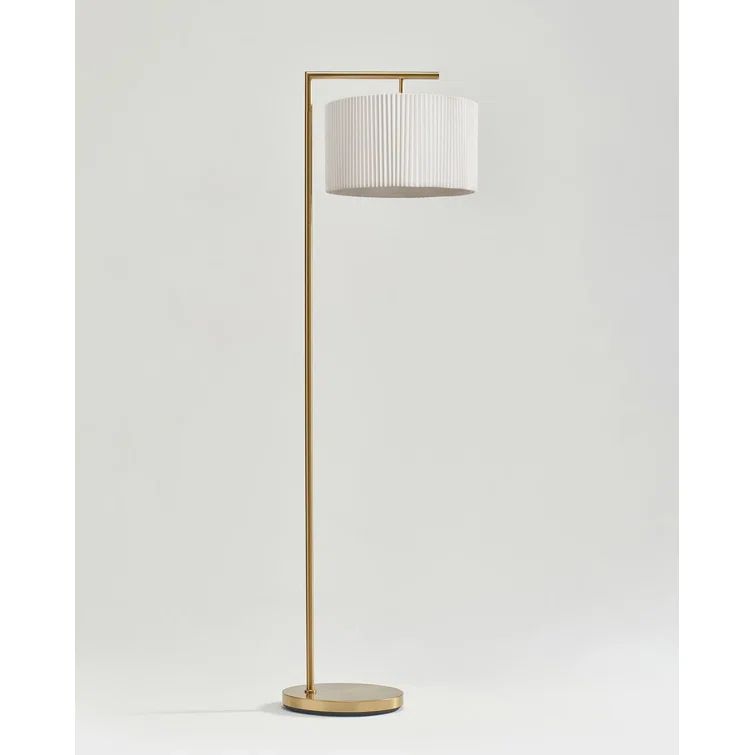 Elegant Brass Arc Floor Lamp with Pleated White Shade