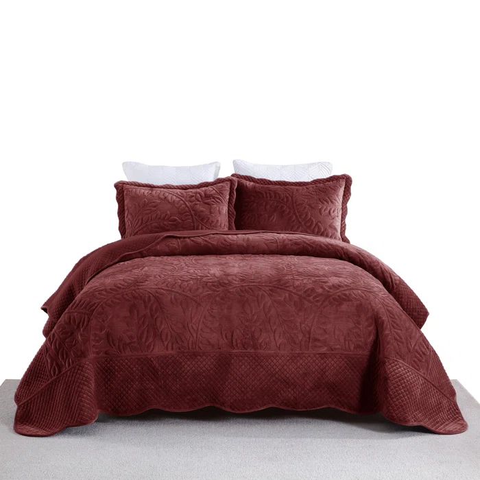 King Size Rustic Burgundy Velvet Quilt Set with Shams