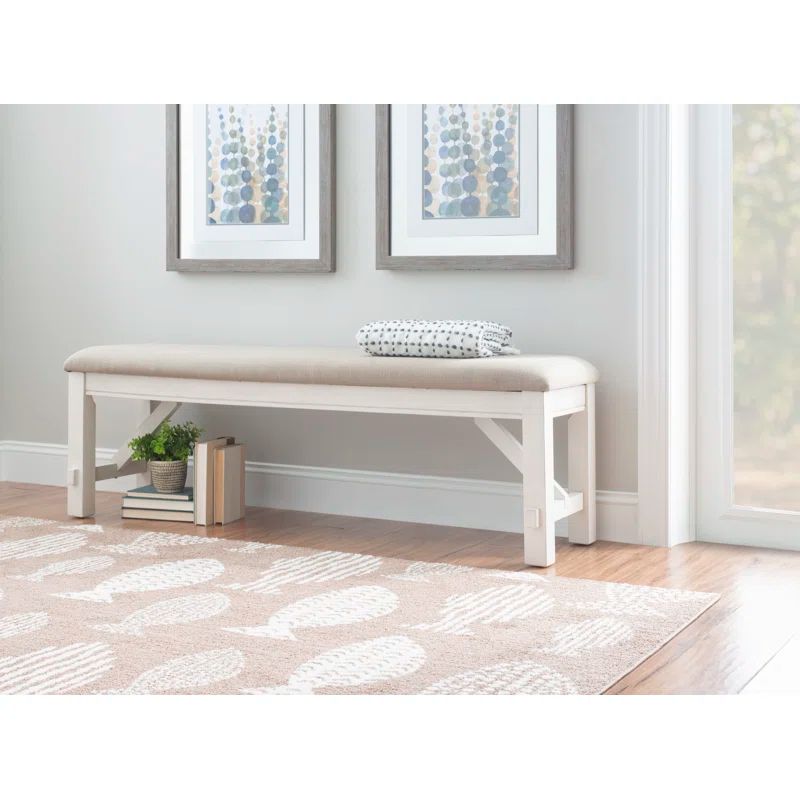Turino 60" Smokey White and Tan Basketweave Upholstered Dining Bench