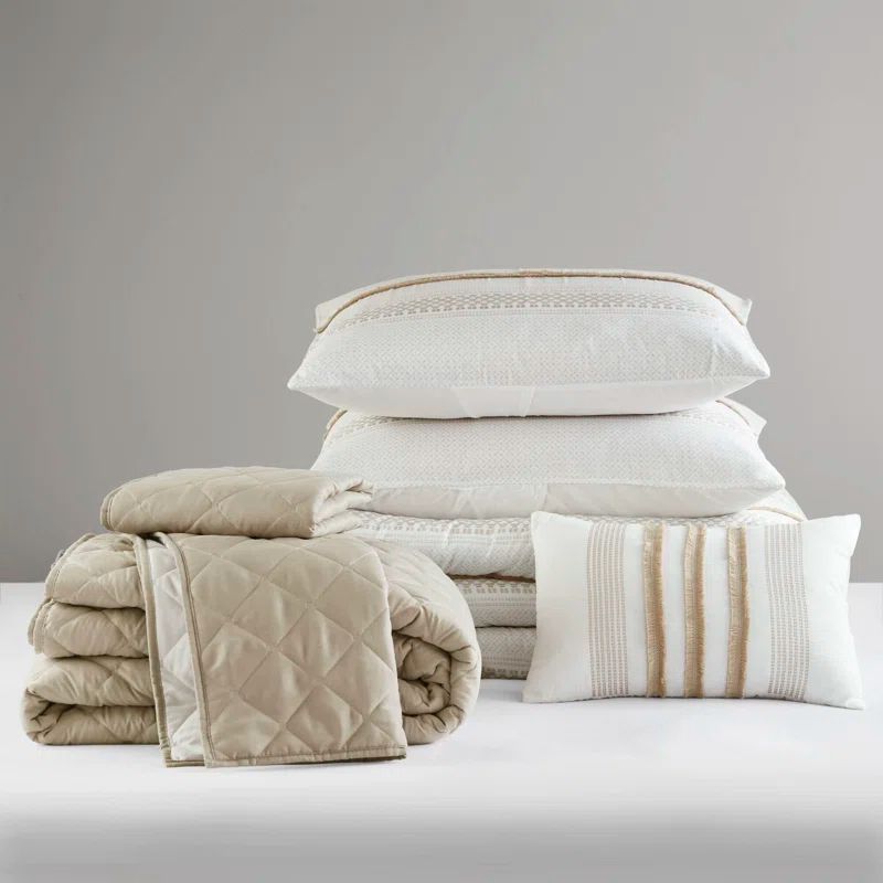 Taupe and White Microfiber 7-Piece Full Bedding Set