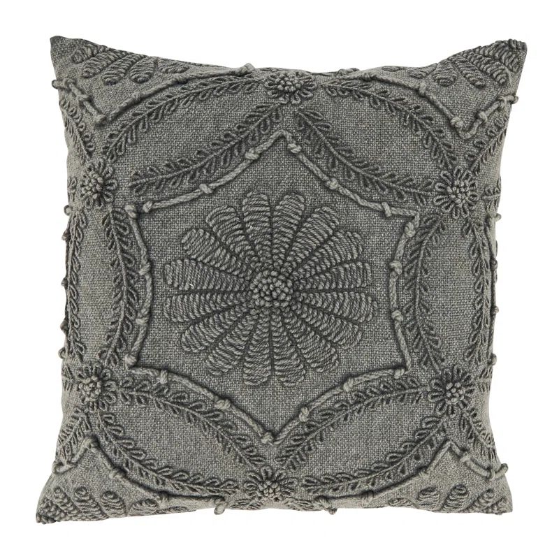 Gray Embroidered Cotton Euro Throw Pillow Cover, 18x18