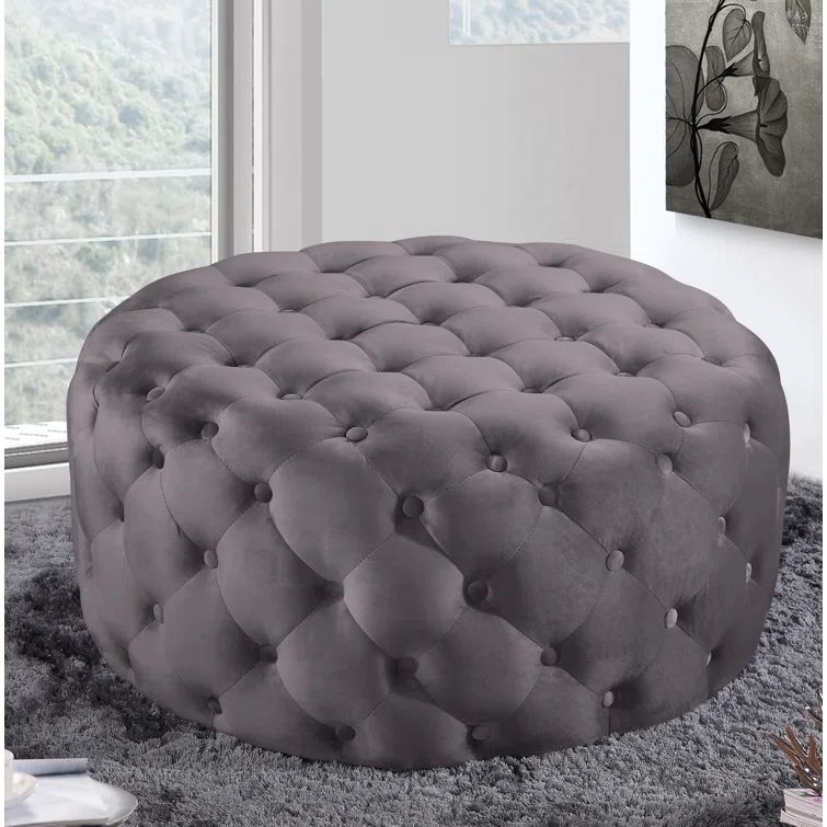 Gray Velvet Tufted Round Ottoman with Eucalyptus Wood Frame