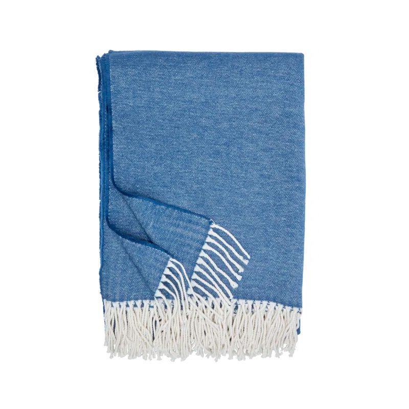 Denim Blue Hand Woven Cotton Throw Blanket with Fringe