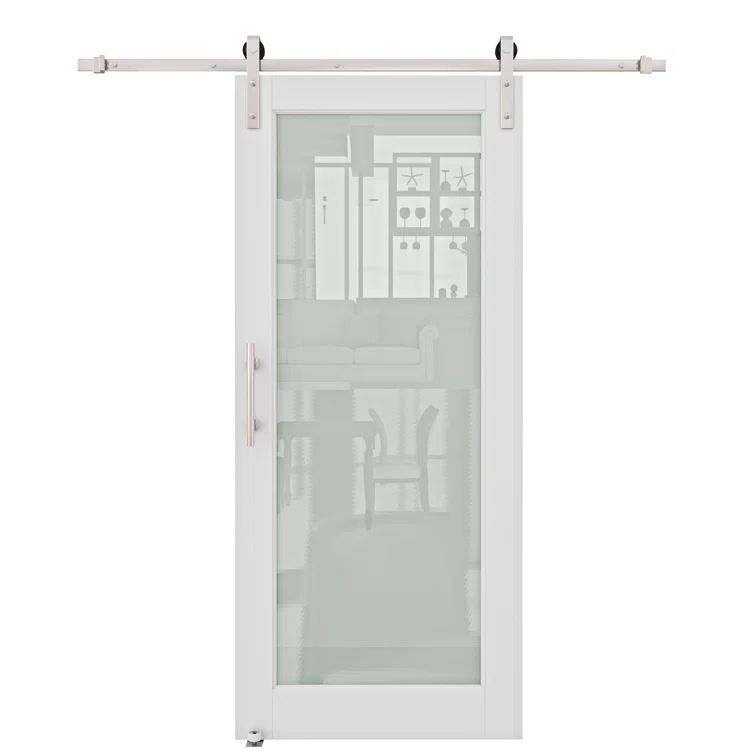 36" x 80" White Primed MDF Barn Door with Frosted Glass and Nickel Hardware