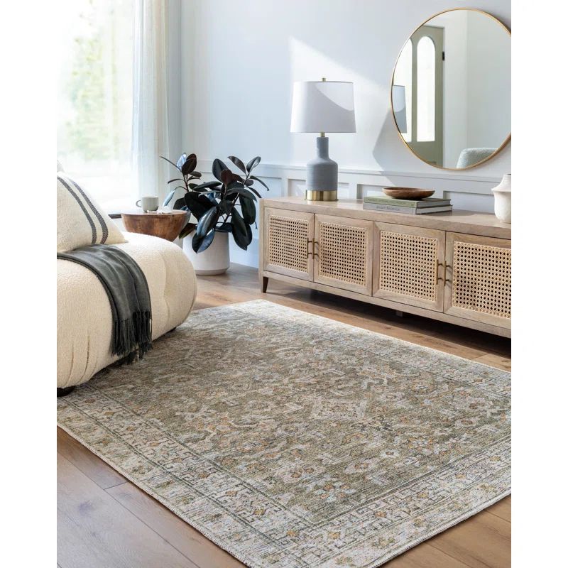 Darling Olive and Beige Washable Synthetic Area Rug