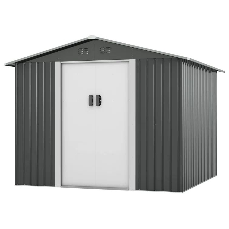 Gray 8' x 8' Metal Outdoor Storage Shed with Lockable Doors