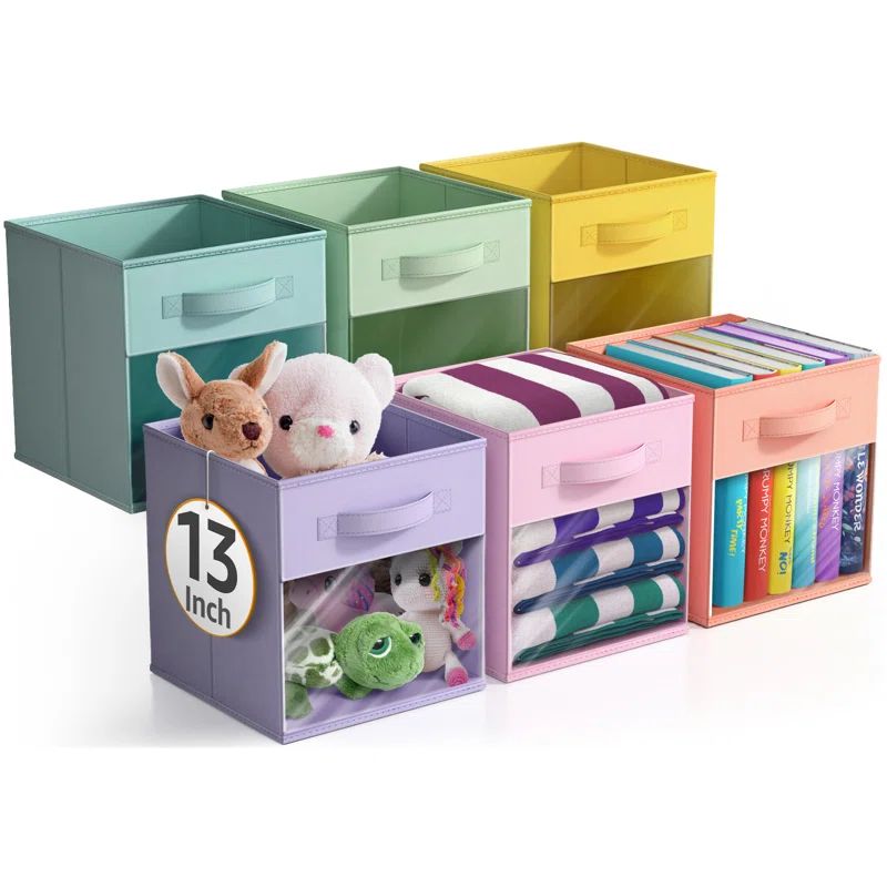 13 Inch Pastel Fabric Collapsible Storage Cubes with Clear Window - Set of 6