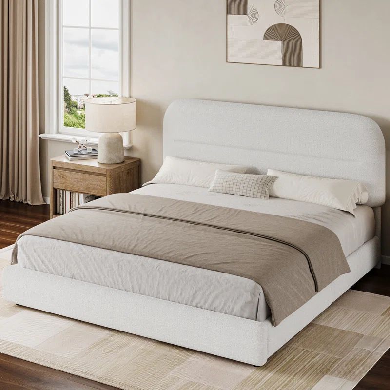 Queen White Boucle Upholstered Platform Bed Frame with Headboard
