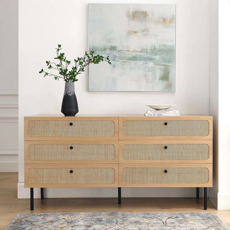 Oak and Rattan 6-Drawer Dresser with Adjustable Feet