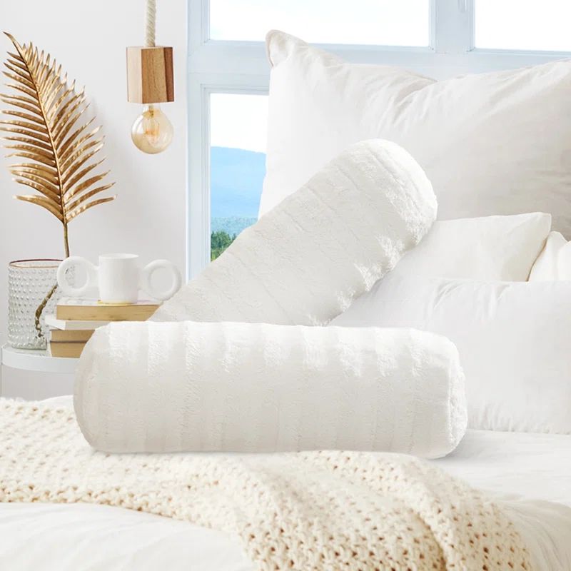 White Faux Fur Decorative Bolster Pillow Set of 2