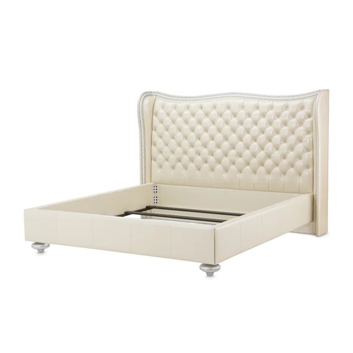 Cream Queen Upholstered Leather Bed with Tufted Headboard