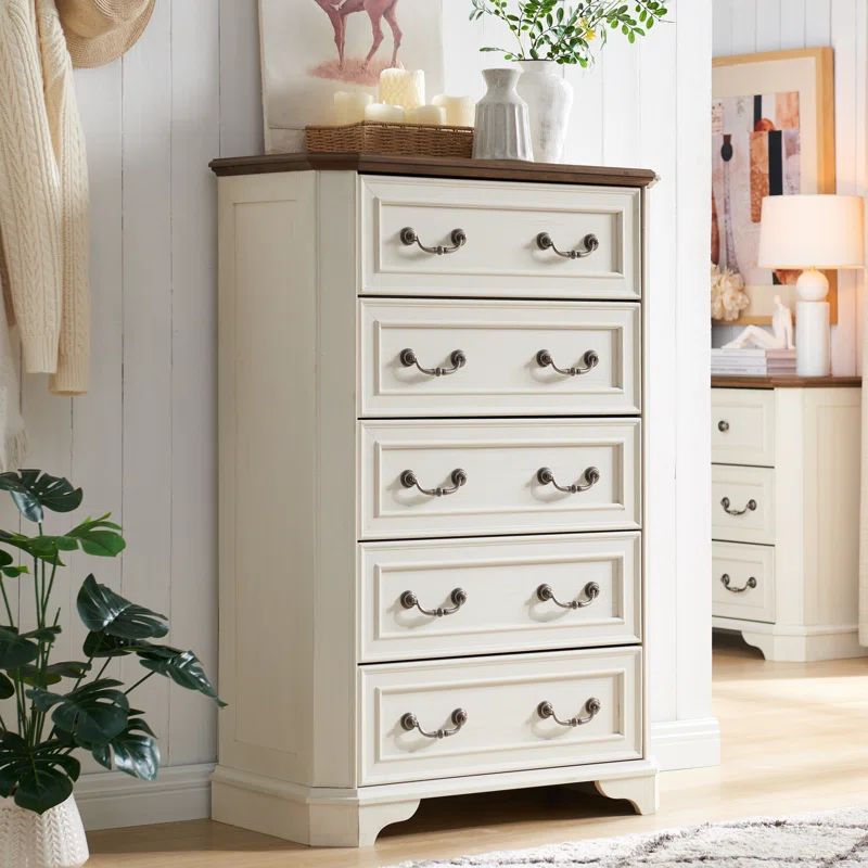 Antique White Farmhouse 5-Drawer Tall Wood Dresser