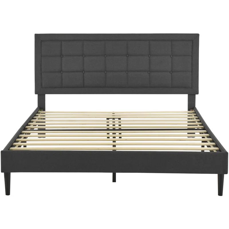 Mornington Dark Grey Linen Upholstered Queen Platform Bed Frame with Tufted Headboard