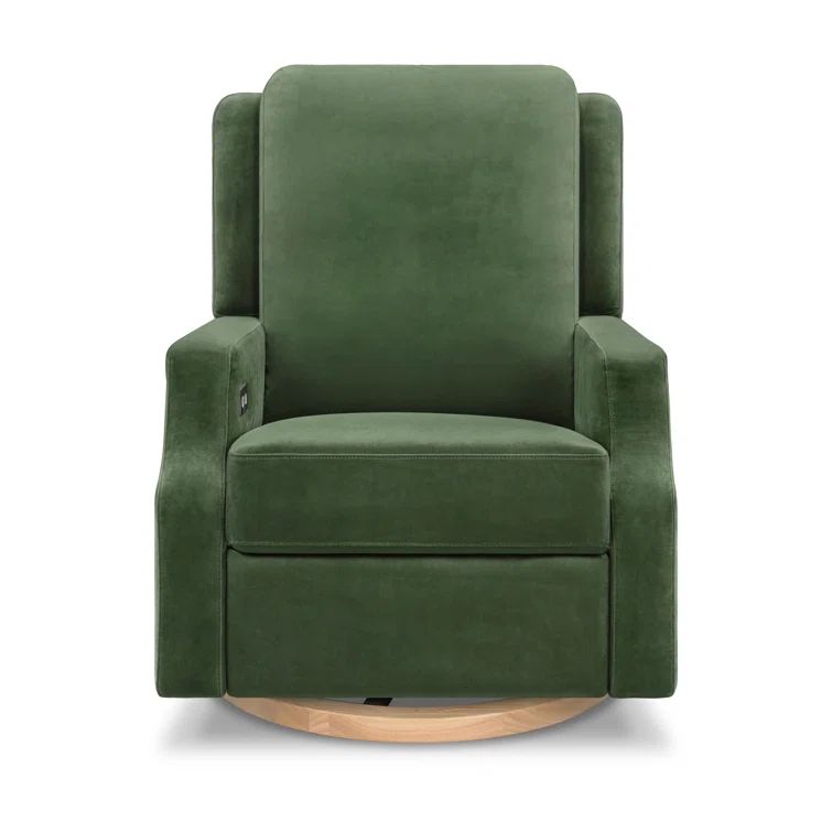 Forest Green Velvet Swivel Recliner with Light Wood Base