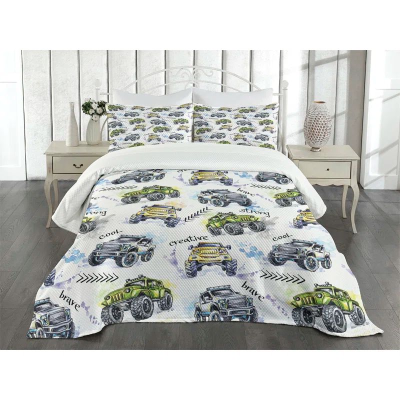 White Quilted Queen Bedspread Set with Monster Truck Design
