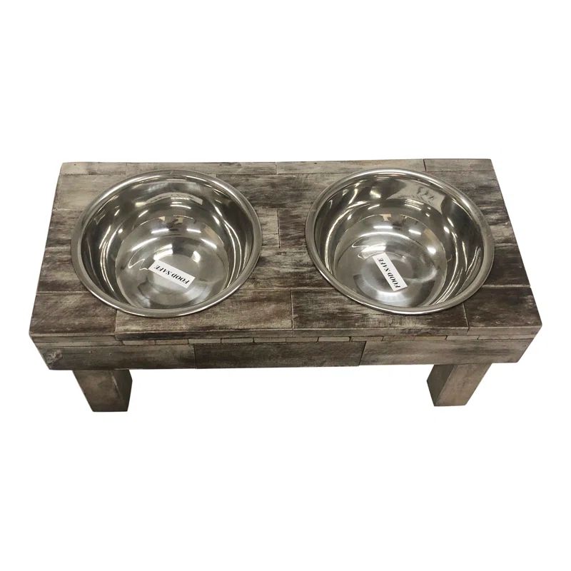 Large Brown Wash Reclaimed Wood Elevated Double Bowl Pet Feeder