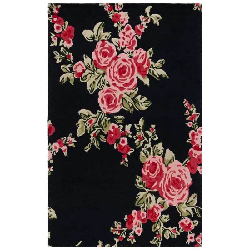 Handmade Black and Pink Wool Floral Tufted Rug 4' x 6'
