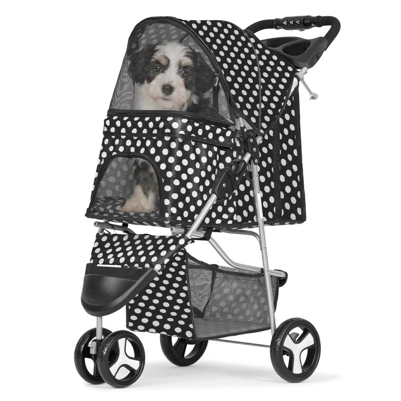 Sky Blue Polka Dot Foldable Pet Stroller with Storage