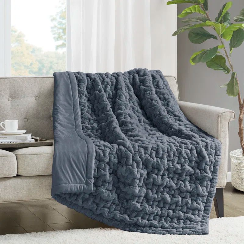 Slate Blue Ruched Faux Fur & Mink Reversible Throw, 50"x60"