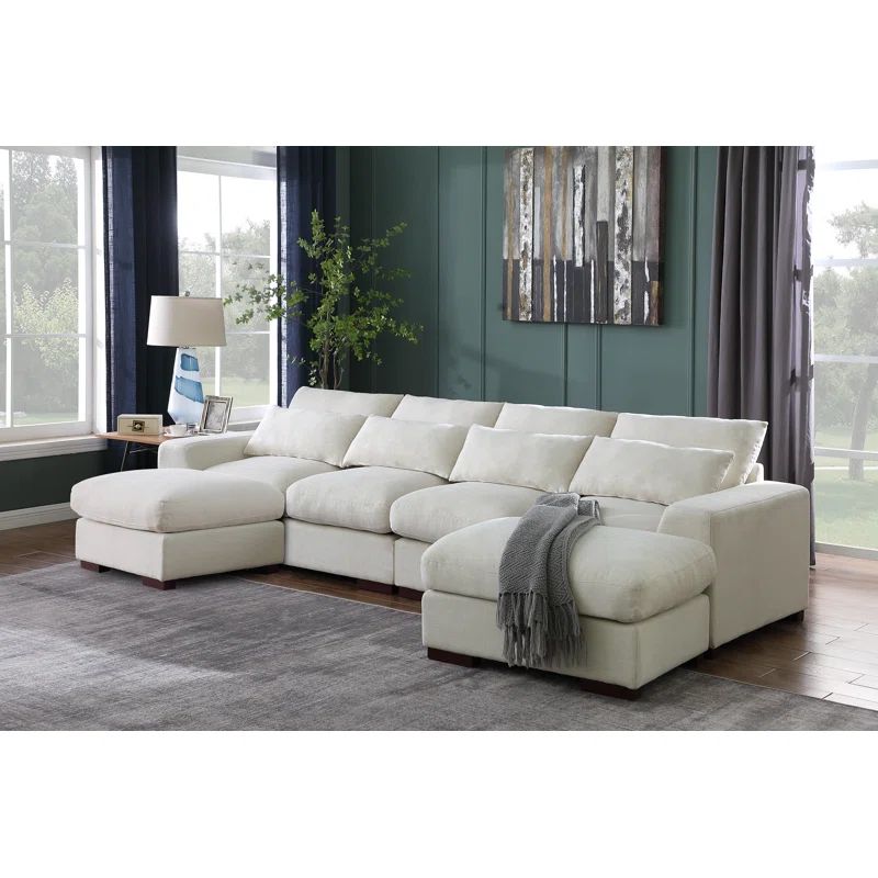 Beige Linen-Blend Modular Sectional Sofa with Ottoman & Toss Pillows
