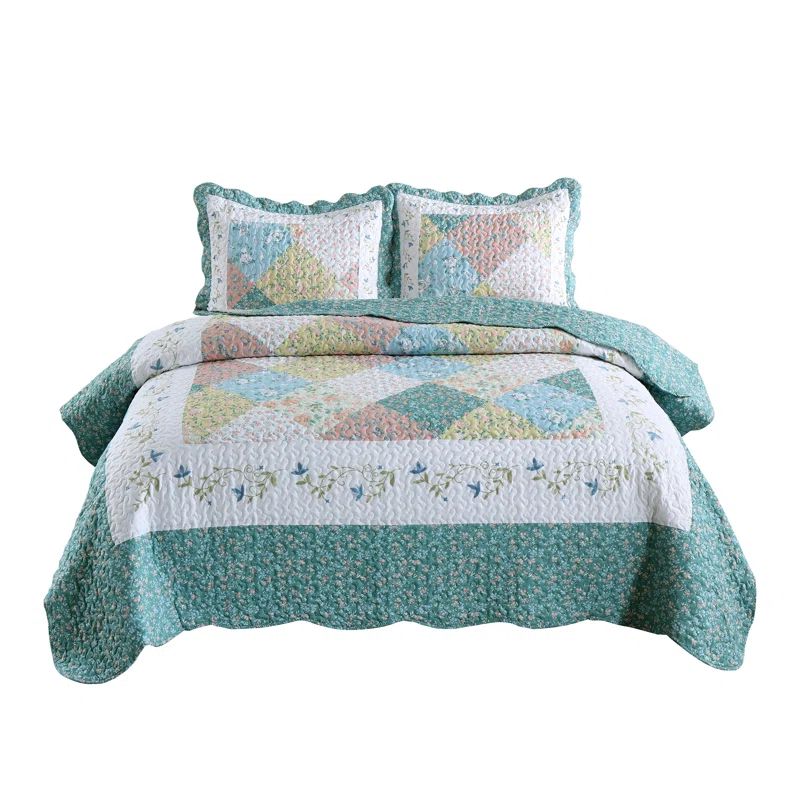 Romantic Green Floral King Reversible Quilt Set