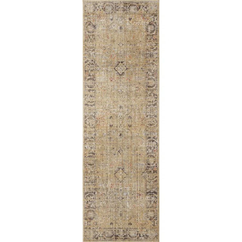 Gold and Charcoal Floral Synthetic Runner Rug, 3 x 12