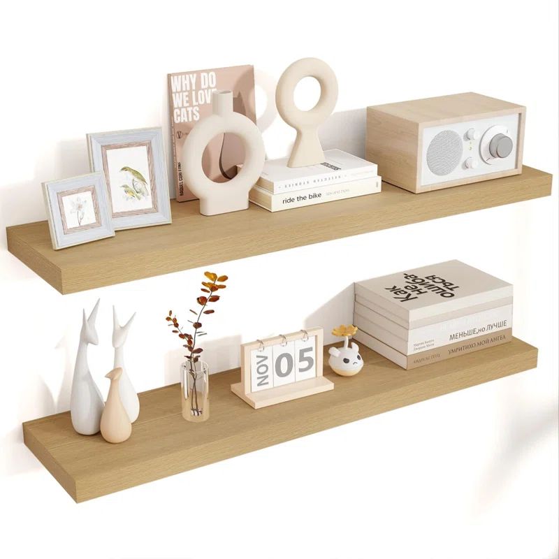 Oak 36" Wide Floating Wall Shelves with Invisible Brackets, Set of 2