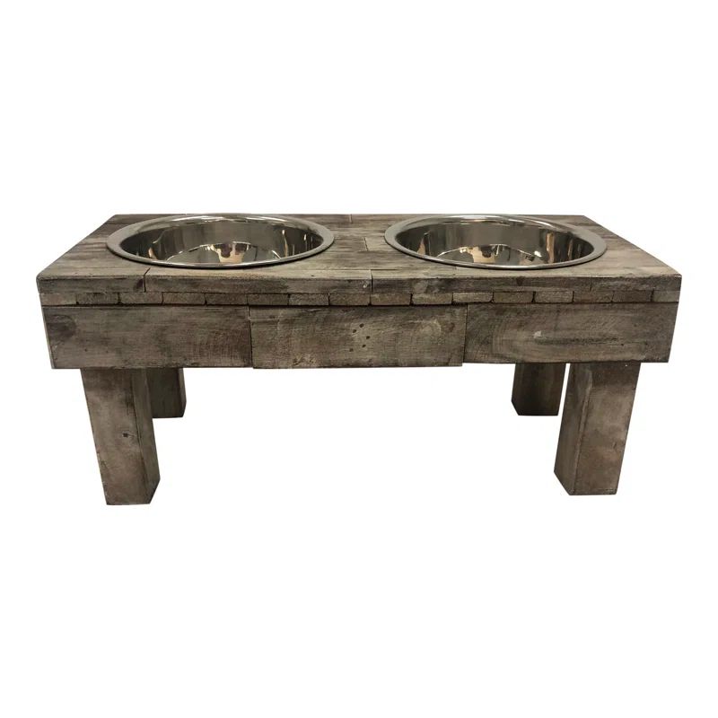Small Brown Wash Reclaimed Wood Elevated Double Pet Feeder