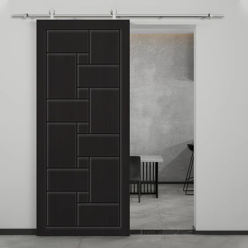 96 in. Black Painted Composite MDF Sliding Barn Door with Stainless Steel Hardware Kit
