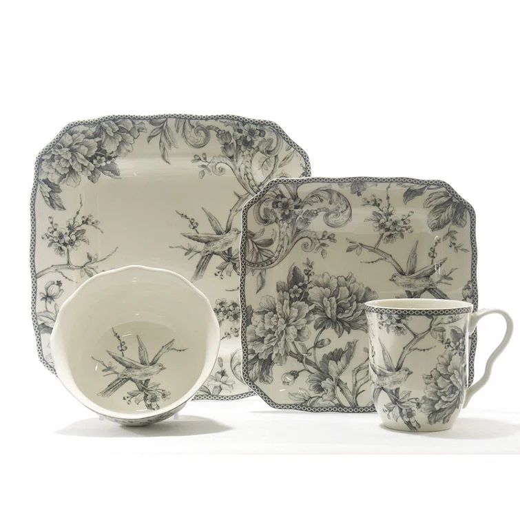 Gray and White Floral Square Porcelain Dinnerware Set, Service for 4