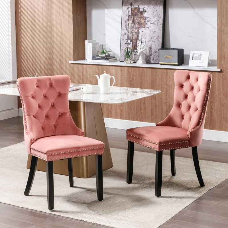Pink Velvet Wing Back Parsons Side Chair Set with Wood Legs