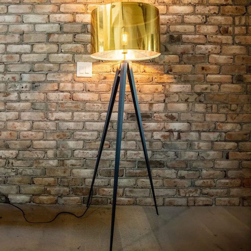 Elegant Black Tripod Outdoor Floor Lamp with Gold Drum Shade