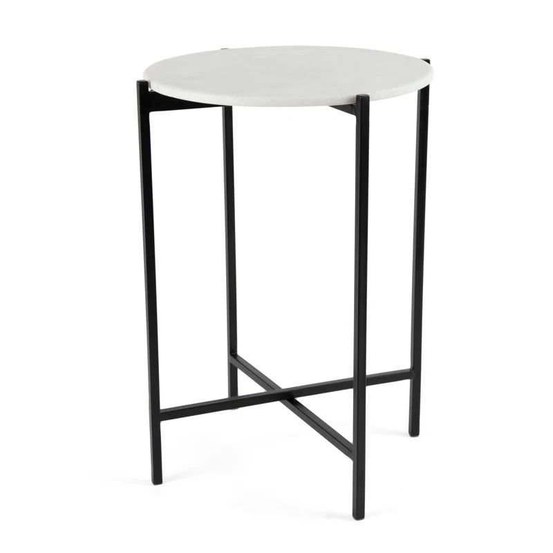 Round Marble Top Folding Side Table with Black Metal Legs