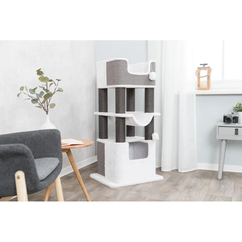 Gray and White Sisal Plush 3-Level Cat Tree with Condo