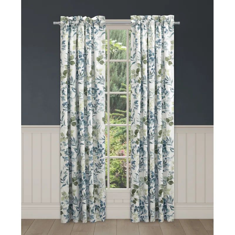Blue Leaf Botanical Polyester Window Drapes Set of Four