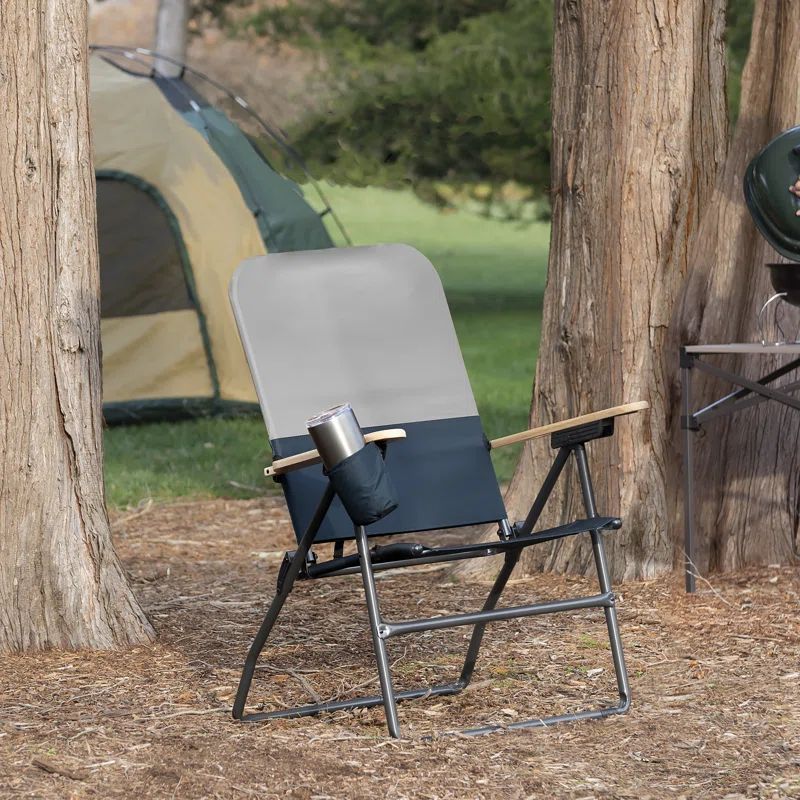 Gray and Black Folding Camping Chair with Wooden Armrests