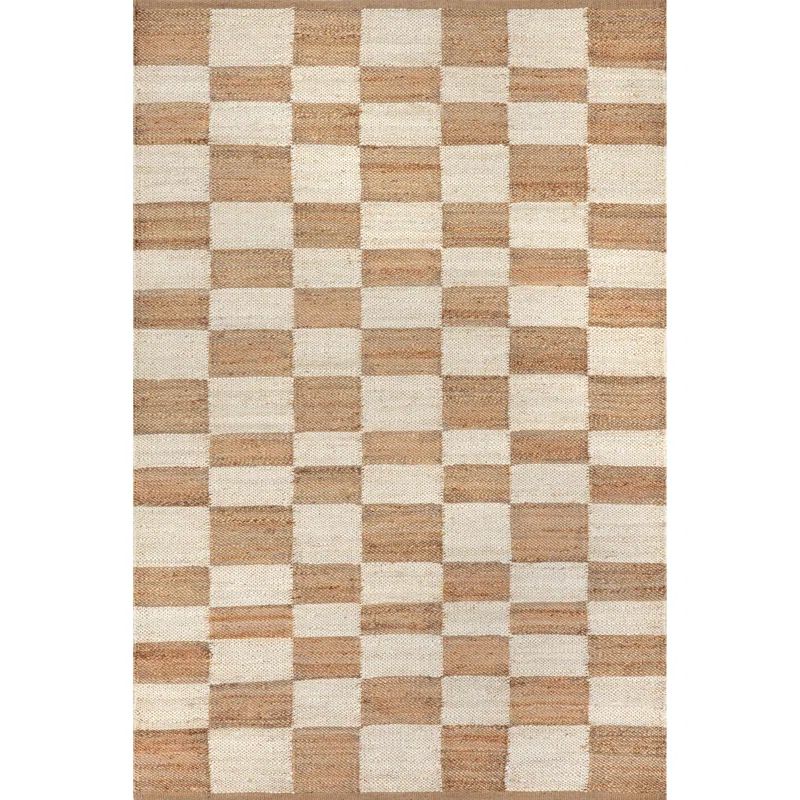 Ivory and Beige Checkered Cotton Jute Rectangular Rug
