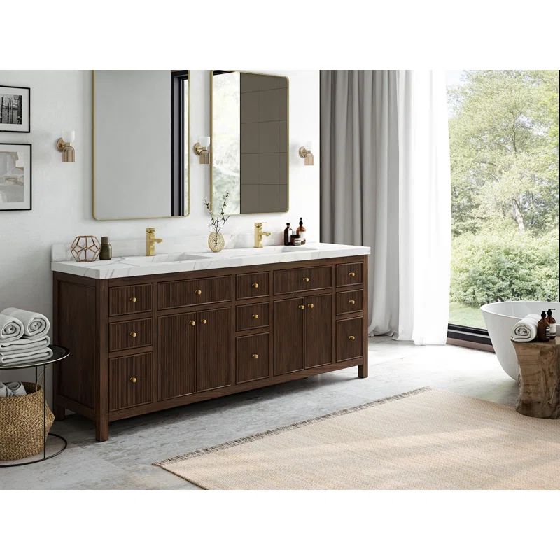 Sonoma 84" Dark Walnut Teak Double Sink Vanity with Pearl Gray Quartz Top