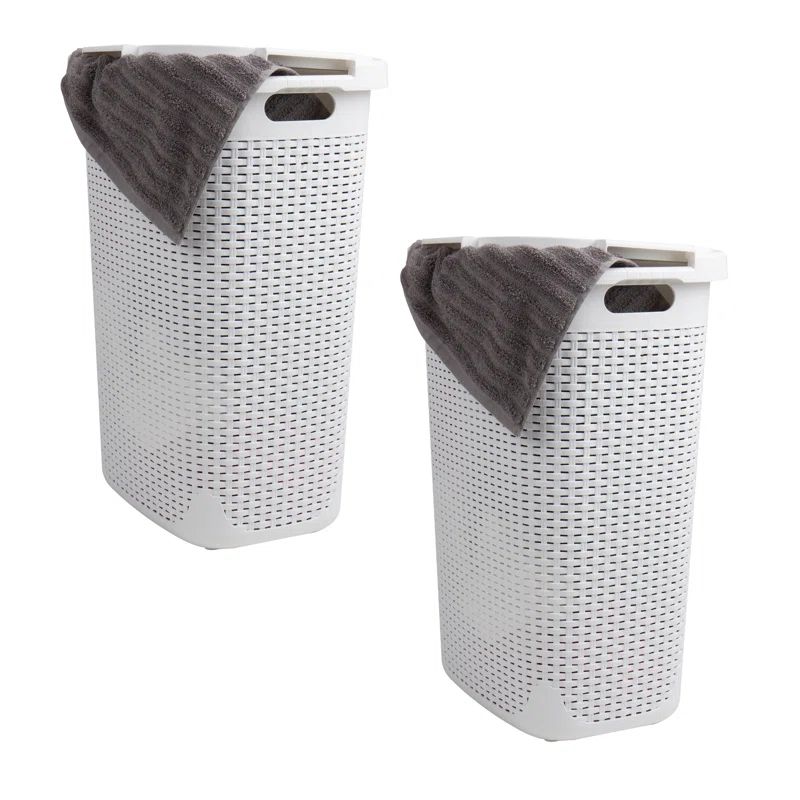 White Plastic Wicker Style Upright Hamper with Lid for Kids